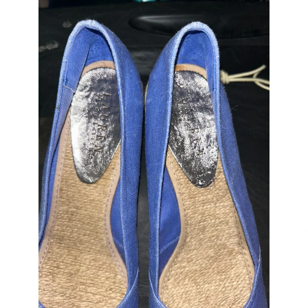 Lauren Ralph Lauren Cecilia Blue‎ Linen Espadrille Wedges Peep Toe Sandals 10B